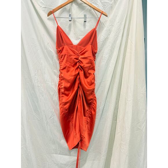 NBD‎ Dex Ruched Drawstring Adjustable Side Tie Poppy Orange Mini Dress Sz Small - Picture 3 of 5